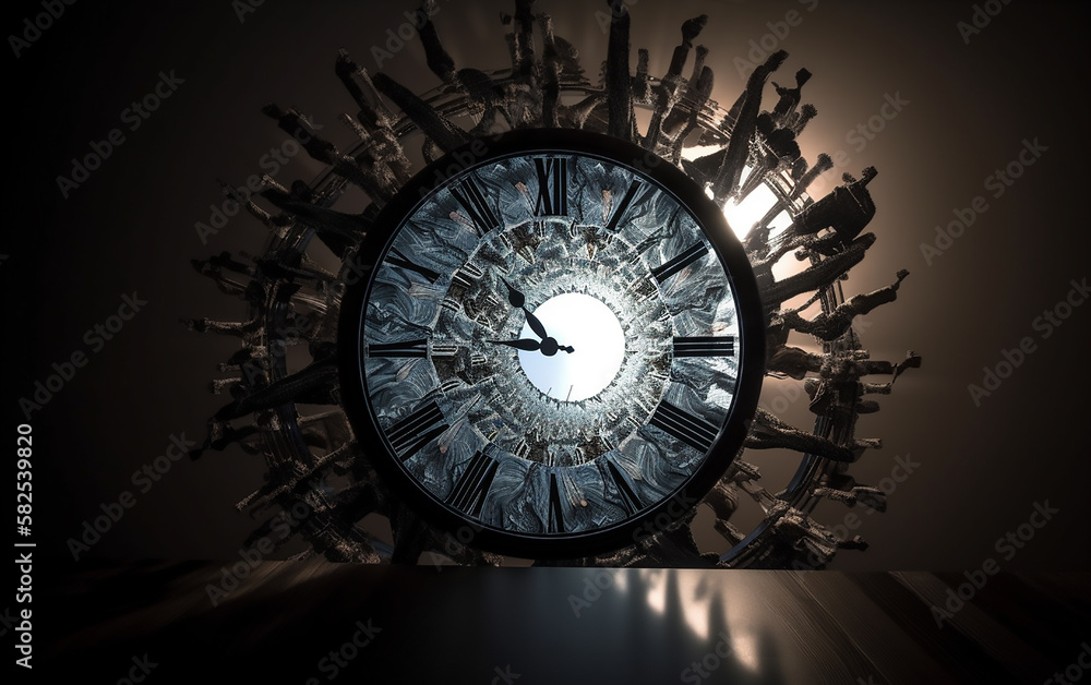 Circular clock with an intricate design of figures extending outward, casting dramatic shadows on a simple gray background.