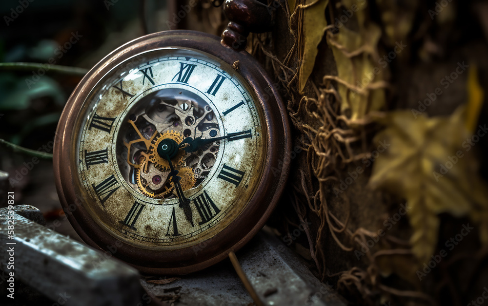 Close-up of an aged pocket watch with exposed gears, set against dried foliage, emphasizing the wear and tear of time.