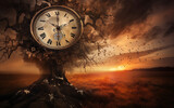 Large clock face merged with a robust tree against a sunset backdrop, representing the union of nature and time.