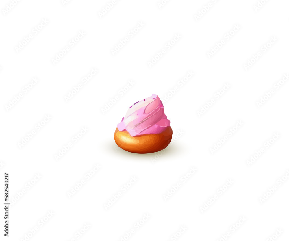Obraz premium Portion of strawberry cartoon cake or brownie isolated on white background. Vector illustration
