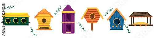 Set of colorful bird houses and feeder on white background