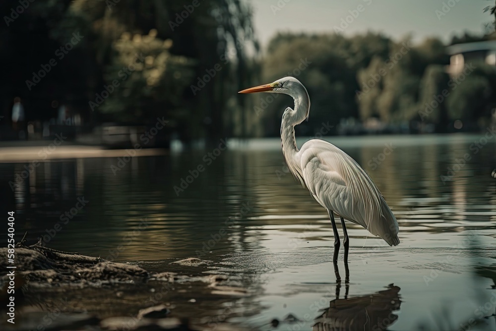Naklejka premium On the lake, there is a white heron. Generative AI