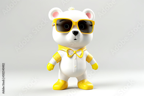 A happy and cool 3D character of a bear with full body  wearing clothes and sunglasses  on a background. Generative AI