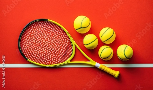  a tennis racket and five tennis balls on a red surface with a white line in the middle of the image and a red background.  generative ai © Shanti
