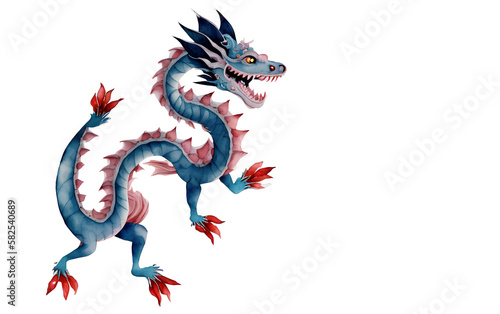 Chinese blue dragon on a transparent background  watercolor illustration. Place for text. generative AI