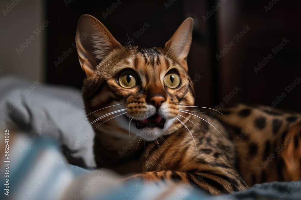On the bed is a cute Bengal cat. Generative AI