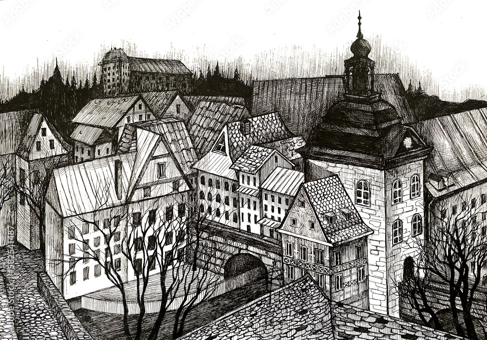Original painting. Graphics drawn with ink and pen. Architecture. Lovely houses. Graphic arts 