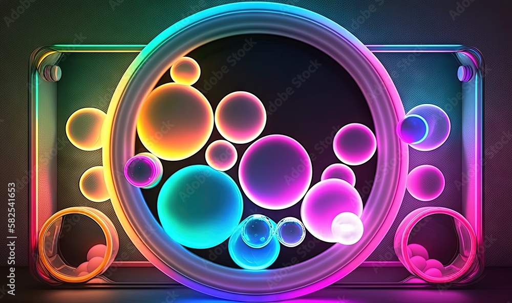 a colorful photo of bubbles in a circular frame on a dark background with a neon light reflection in the middle of the frame, and a black background with a. generative ai a colorful photo of bubbles in a circular frame on a dark background with a neon light reflection in the middle of the frame, and a black background with a. generative ai