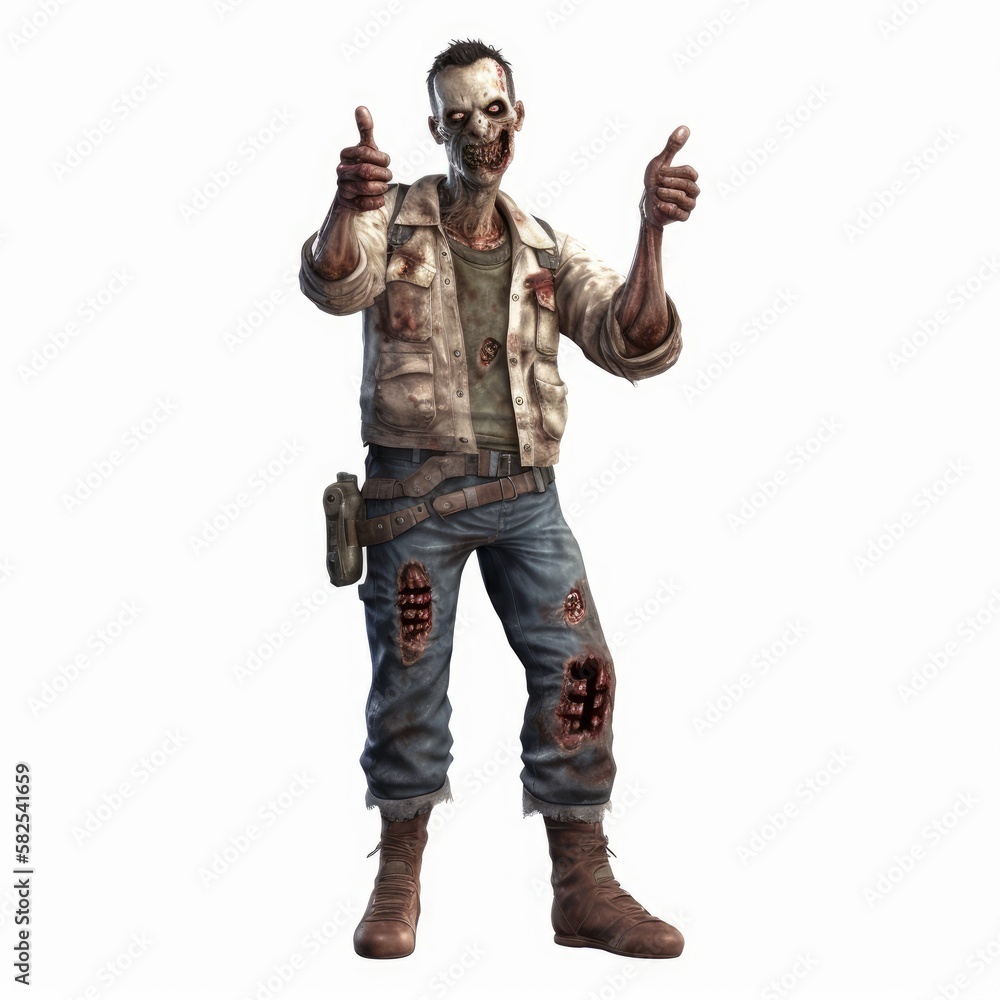Brutal Zombie Male Character Showing Thumbs Up in Fitted Attire on White Background, Generative AI Brutal Zombie Male Character Showing Thumbs Up in Fitted Attire on White Background, Generative AI