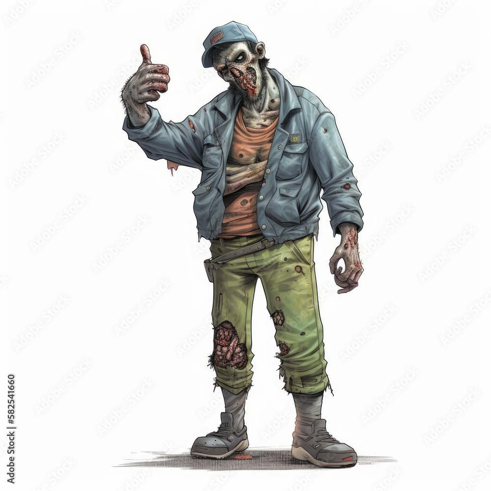 Fototapeta premium Brutal Zombie Male Character Showing Thumbs Up in Fitted Attire on White Background, Generative AI
