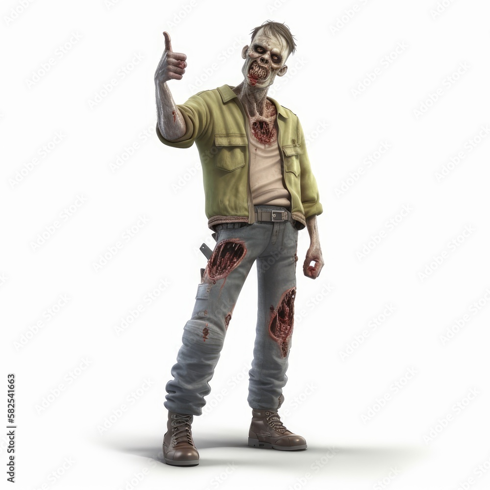 Brutal Zombie Male Character Showing Thumbs Up in Fitted Attire on White Background, Generative AI