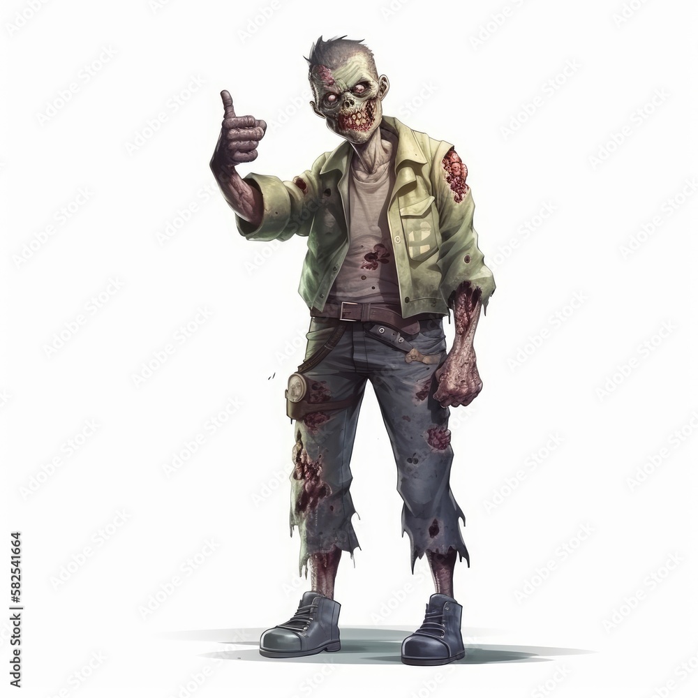 Brutal Zombie Male Character Showing Thumbs Up in Fitted Attire on White Background, Generative AI Brutal Zombie Male Character Showing Thumbs Up in Fitted Attire on White Background, Generative AI