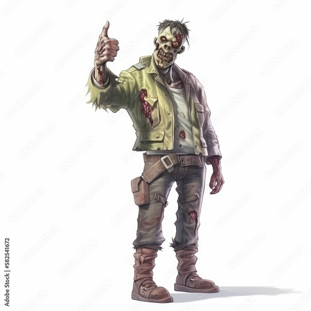 Brutal Zombie Male Character Showing Thumbs Up in Fitted Attire on White Background, Generative AI