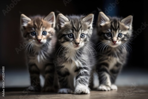 Kittens run around with beautiful faces, noses, eyes, and gray hairs. Generative AI © AkuAku