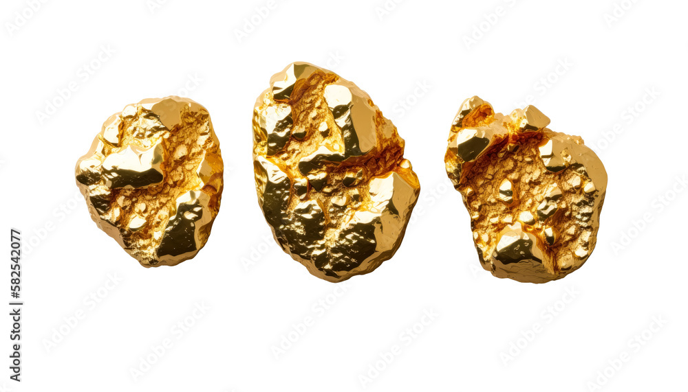 Three Glittering Gold Nuggets on a transparent background. PNG. Generative AI. Three Glittering Gold Nuggets on a transparent background. PNG. Generative AI.