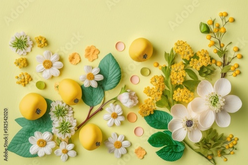 A yellow background with flowers and fruits including lemons and daisies. Generative Ai