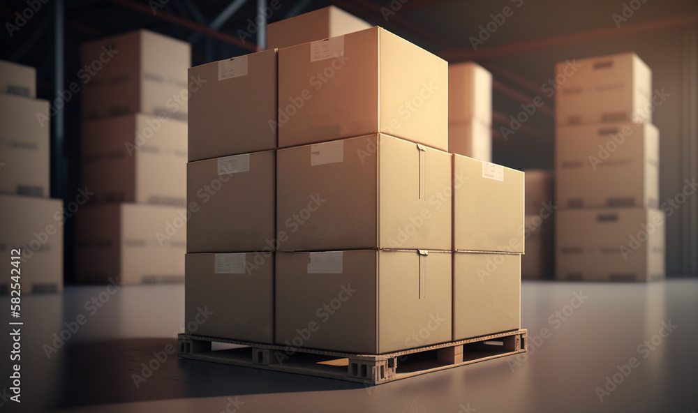 a large stack of boxes sitting on top of a pallet in a warehouse with other boxes in the back of the pallet behind it. generative ai a large stack of boxes sitting on top of a pallet in a warehouse with other boxes in the back of the pallet behind it. generative ai