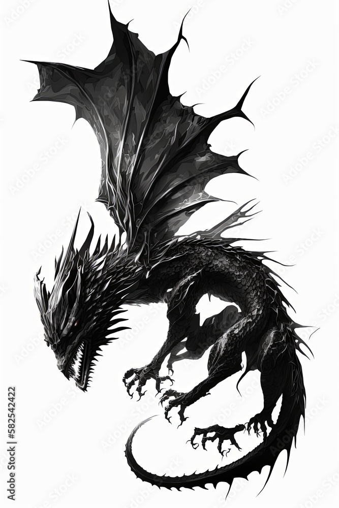 Black dragon with wings spread and a curled serpent body isolated on ...