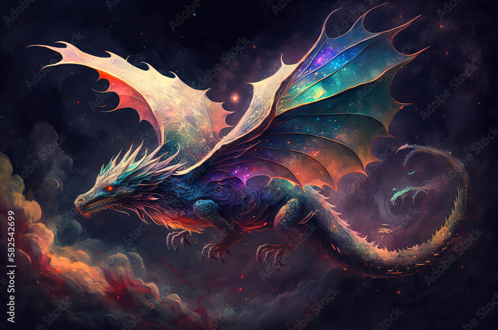 A dragon with prismatic scales soaring through the air, preparing to dive into the clouds. A dragon with prismatic scales soaring through the air, preparing to dive into the clouds.