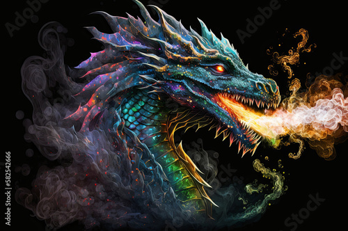Prismatic dragon breathing fire. AI Generated