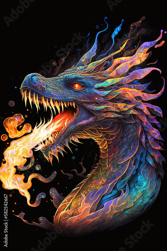 Prismatic dragon breathing liquid fire. Beautiful and monstrous mythical creature