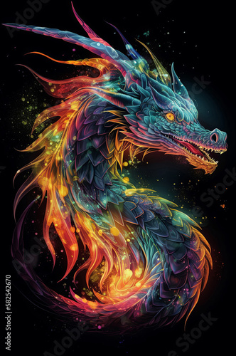 Prismatic dragon with its scales refracting colors and creating rainbows. Beautiful and monstrous mythical creature