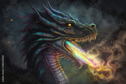 Prismatic dragon with rainbow fire. Smoky dark background