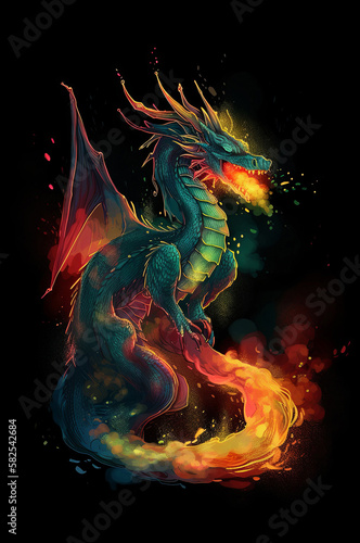 Prismatic dragon breathing fire. watercolor painting. Beautiful and monstrous mythical creature
