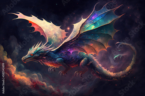 A dragon with prismatic scales soaring through the air, preparing to dive into the clouds.