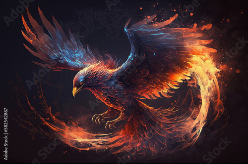 A phoenix with burning wings spread riding fire waves on a black background. Dark fantasy illustration.