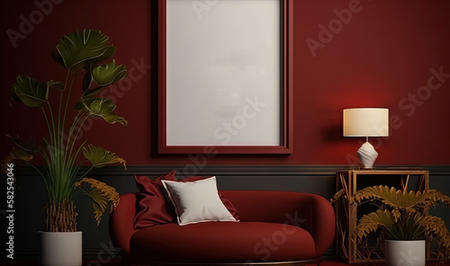  a living room with a red couch and a white framed poster on the wall next to a table with a lamp and a potted plant. generative ai
