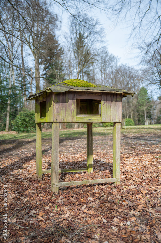 Large Birdhouse made of wood during Spring at Englischer Garten Eulbach, Germany Large Birdhouse made of wood during Spring at Englischer Garten Eulbach, Germany