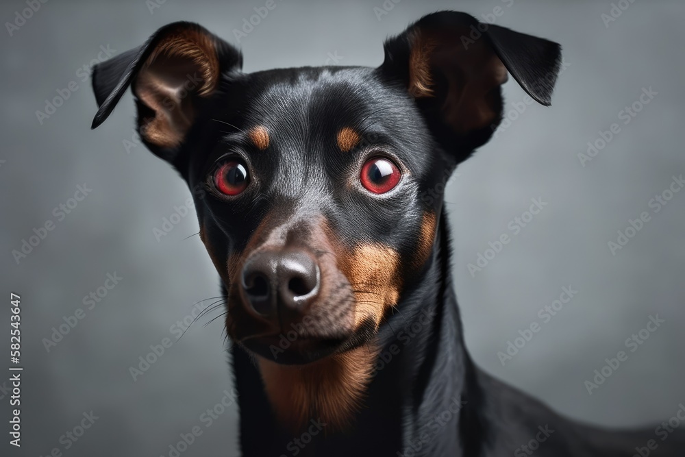 Portrait of a lovely little pinscher with a red apple on a light backdrop. Generative AI