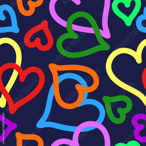 Cute Hand Drawn outlines Hearts Seamless Vector Pattern. Bright colours Hearts Isolated on a blue Background. Modern Style Romantic Print for Fabric, Textile, Valentines.