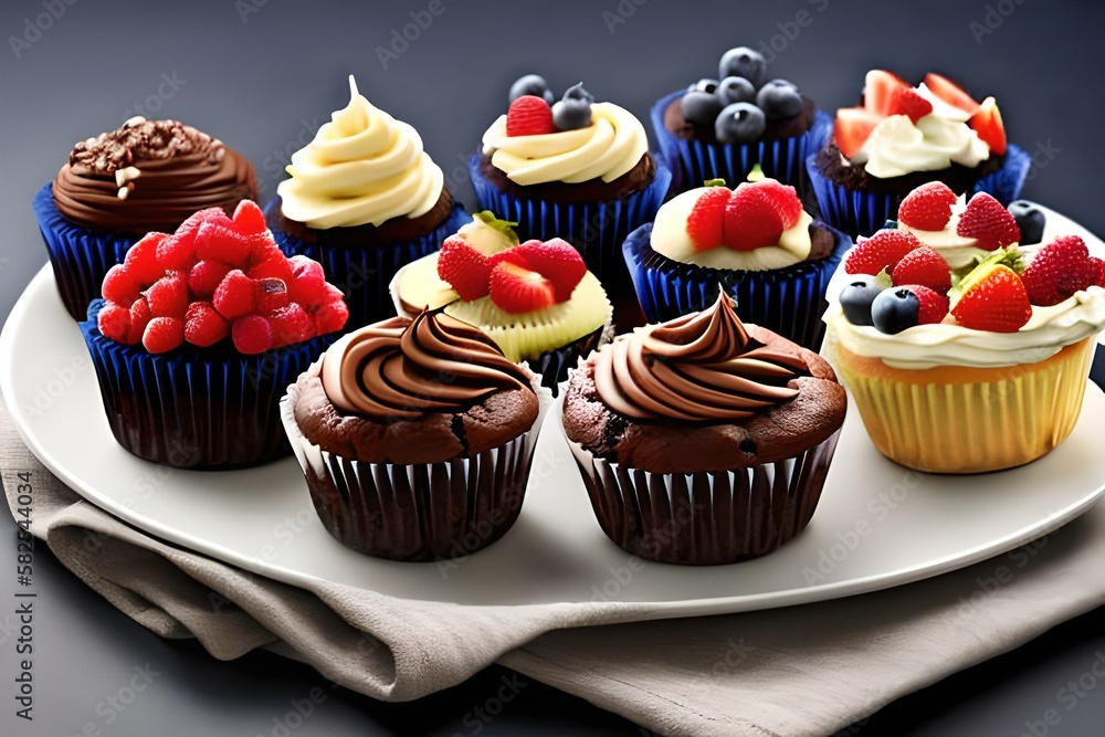 An assortment of mouth-watering cupcakes and muffins arranged beautifully on a tray. Generative-AI
