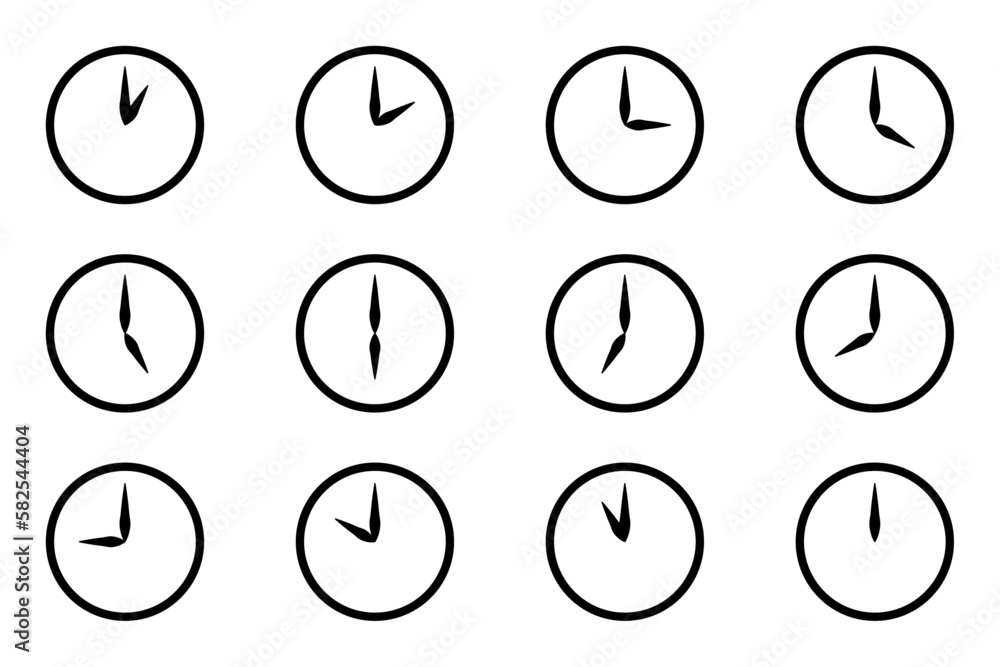 Analog circle clock icon set, every time hour flat style simple black color line watch face. One to twelve hours timepiece display vector illustration isolated on white background. Analog circle clock icon set, every time hour flat style simple black color line watch face. One to twelve hours timepiece display vector illustration isolated on white background.