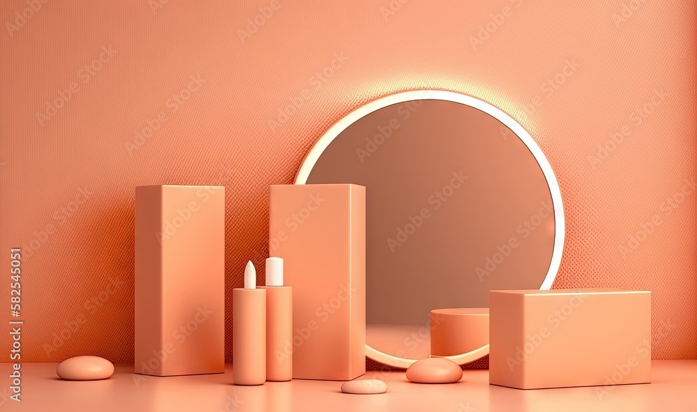 a round mirror sitting next to a set of makeup containers on a counter top next to a round mirror with a white light on it. generative ai a round mirror sitting next to a set of makeup containers on a counter top next to a round mirror with a white light on it. generative ai
