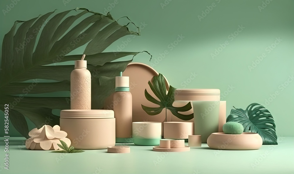 a collection of cosmetics products with a large green plant in the corner of the room behind them, on a green background, with a green backdrop. generative ai a collection of cosmetics products with a large green plant in the corner of the room behind them, on a green background, with a green backdrop. generative ai