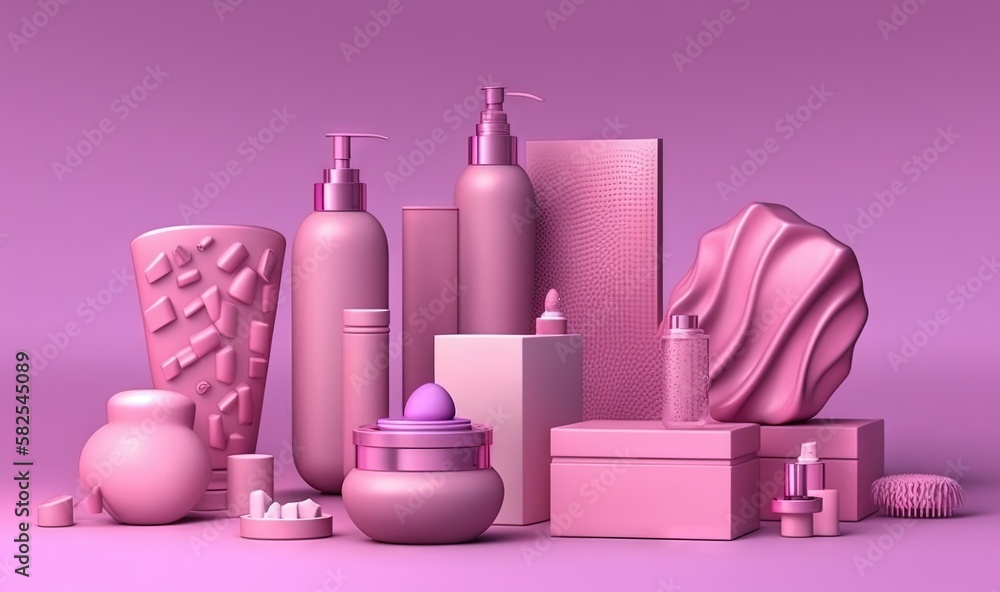 a variety of cosmetics products on a purple background with a pink background and a pink background with a pink background and a pink background with a pink background. generative ai a variety of cosmetics products on a purple background with a pink background and a pink background with a pink background and a pink background with a pink background. generative ai