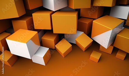  a bunch of orange and white cubes on a brown surface with a brown floor in the middle of the image and a white cube on the top of the image.  generative ai