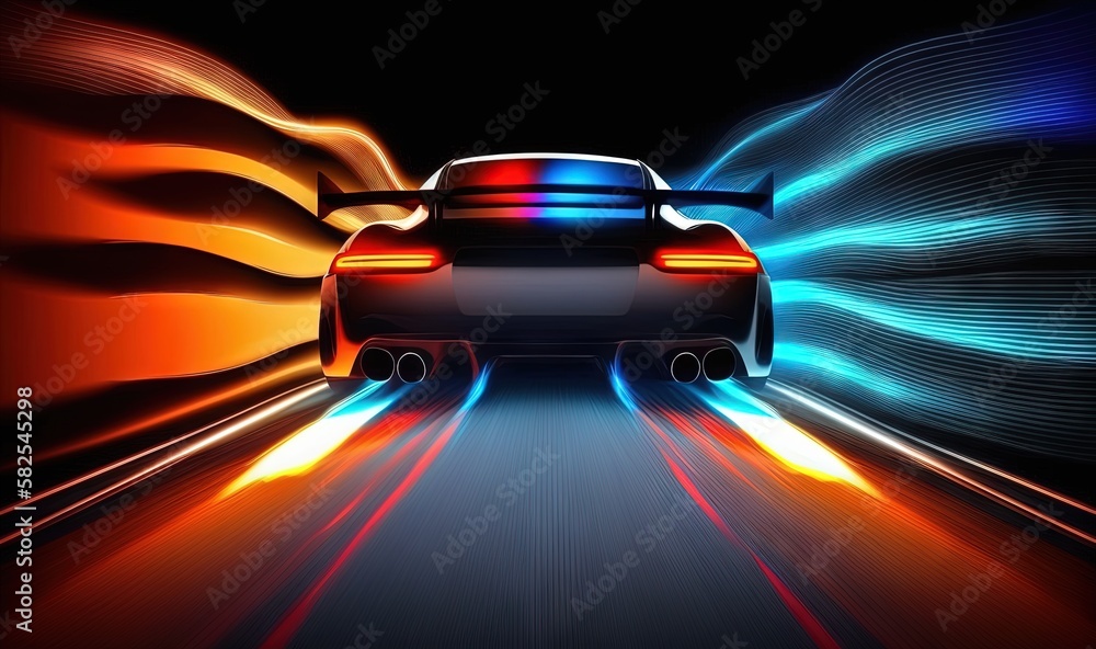 a car driving through a tunnel with bright lights on it's sides and a black background with a red and blue car in the middle. generative ai a car driving through a tunnel with bright lights on it's sides and a black background with a red and blue car in the middle. generative ai