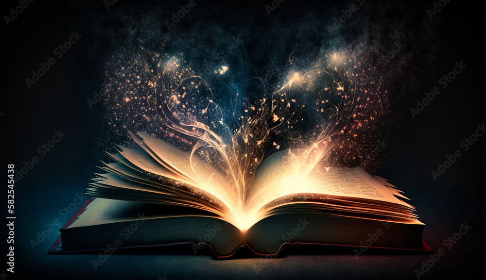 Magic book with open antique pages and abstract bokeh lights glowing on dark background. Generative AI, Magic book with open antique pages and abstract bokeh lights glowing on dark background. Generative AI,