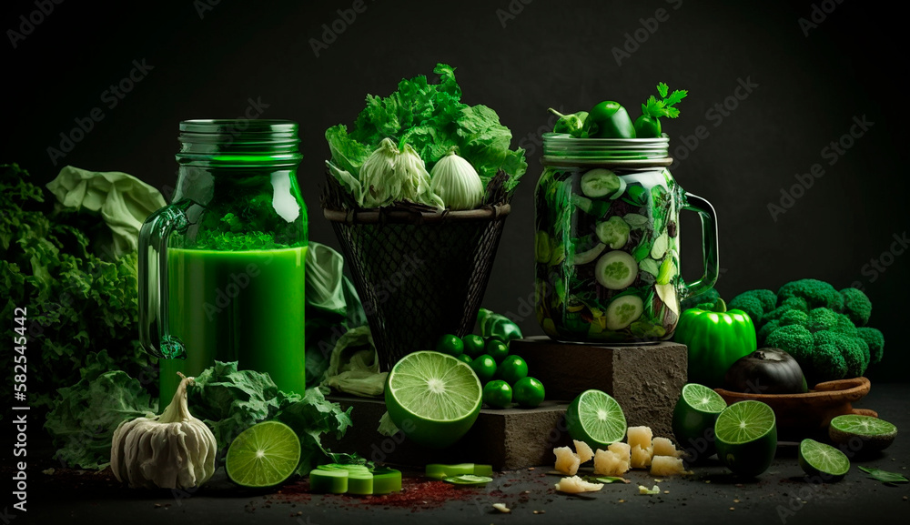 Mugs from glass jars with organic food drink green color green vegetables and fruits. Generative AI, Mugs from glass jars with organic food drink green color green vegetables and fruits. Generative AI,