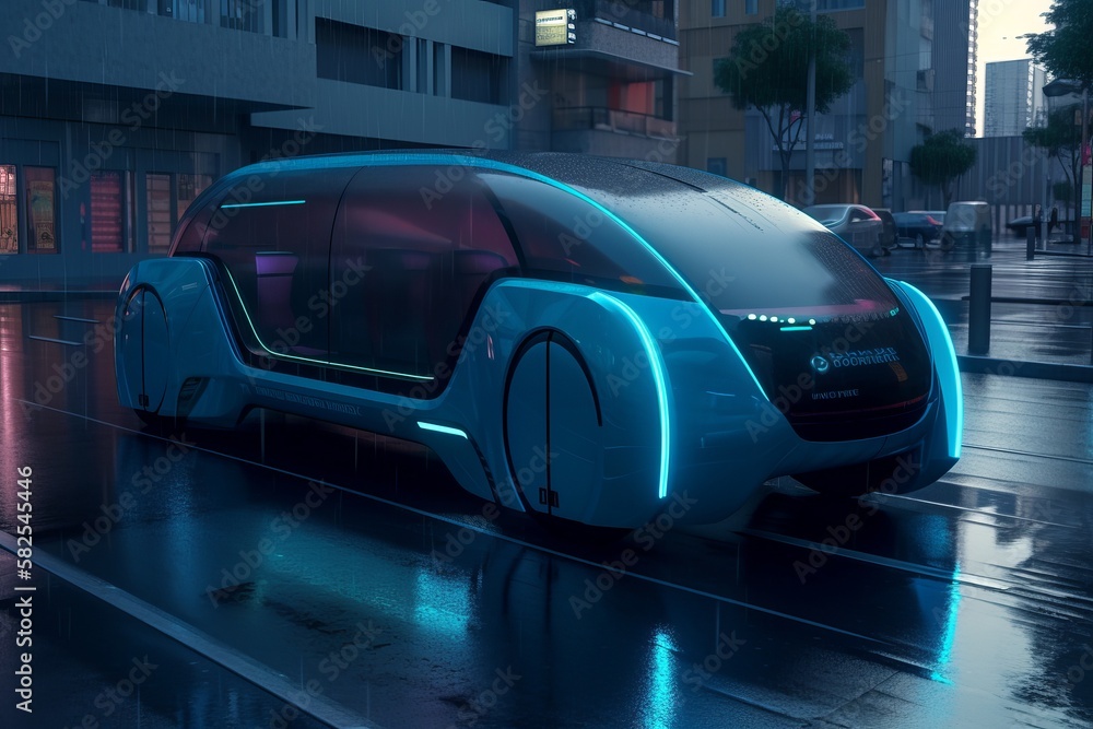 A future concept car. A city electric car with autopilot. Futuristic technologies, streamlined design. Generative AI.