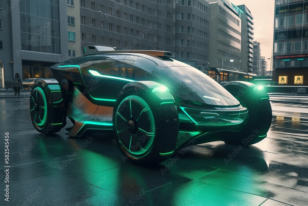 A future concept car. A city electric car with autopilot. Futuristic technologies, streamlined design.