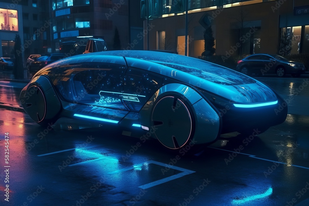 A future concept car. A city electric car with autopilot. Futuristic technologies, streamlined design. Generative AI.