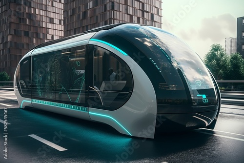 Public transport. A future concept car. A city electric car with autopilot. Futuristic technologies, streamlined design. Generative AI.