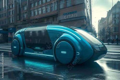 Public transport. A future concept car. A city electric car with autopilot. Futuristic technologies, streamlined design. Generative AI.