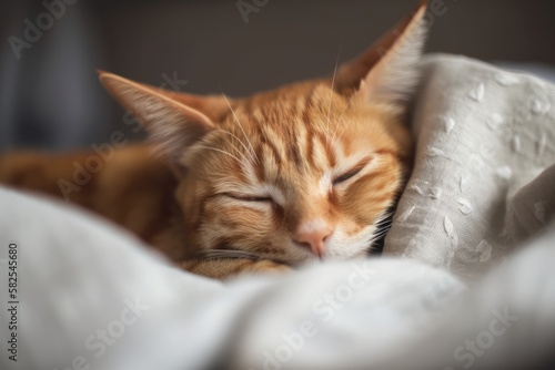 An orange cat snoozes on a bed. Generative AI