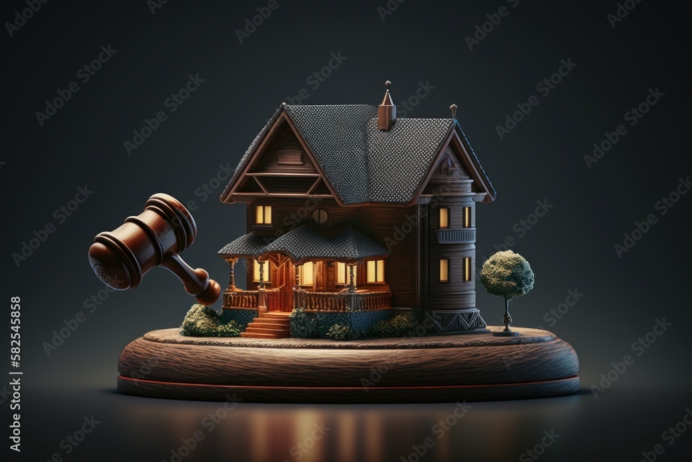 Gavel of justice and house model. Real estate laws and taxes concept. Background with selective focus. AI generated Gavel of justice and house model. Real estate laws and taxes concept. Background with selective focus. AI generated